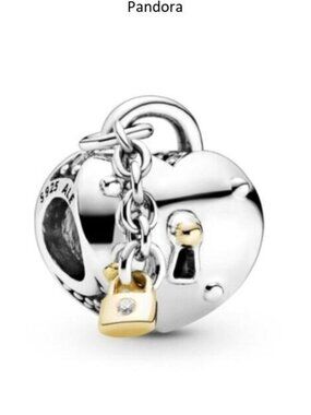 Pandora Pandora Two-Tone Heart & Lock 14K Gold Charm